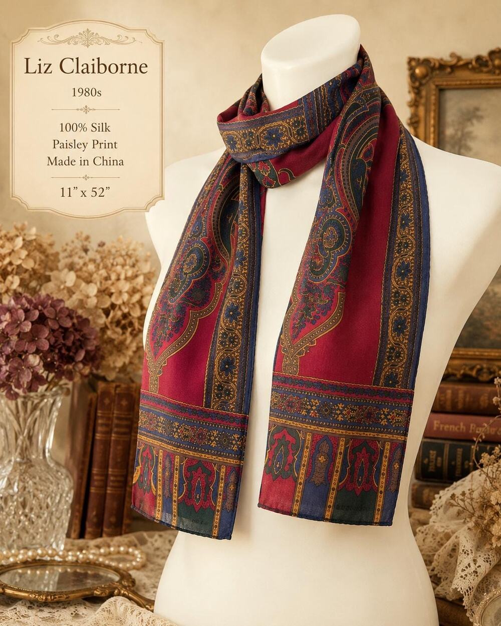 Vintage Liz Claiborne Silk Paisley Scarf 1980s Burgundy Navy Blue Green 11x52